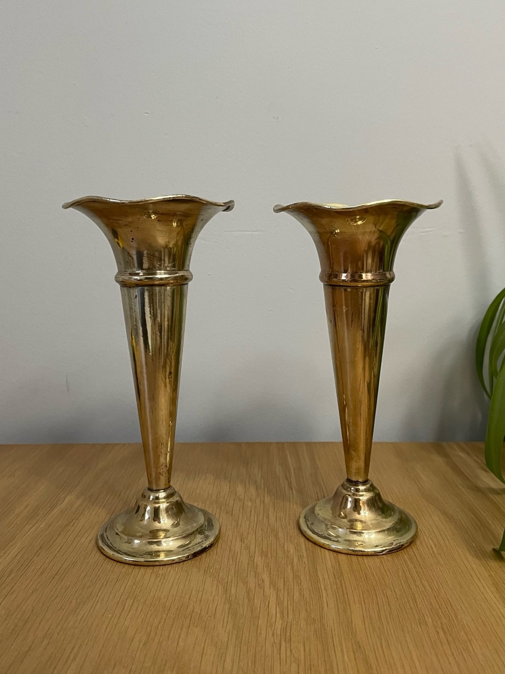 Vintage Antique Hanley England Trumpet Bud Vase Pair Silver Plated Art Deco